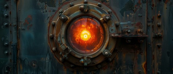 Glowing porthole in a rusty metal wall. AI.