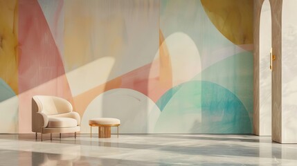 An abstract pastel mural that creates a calming focal point on a minimalist wall