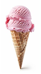 One scoop of strawberry ice cream on a waffle cone isolated on white background.