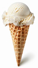 One scoop of vanila ice cream on a waffle cone isolated on white background.
