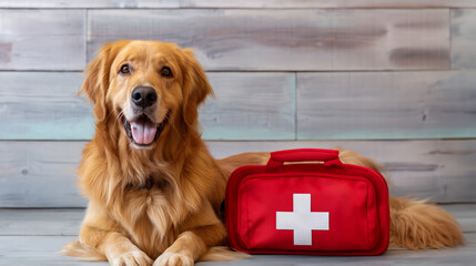 Golden Retriever with Red First Aid Bag in Rustic Setting