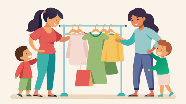 A mother and her two children browse through rows of clothing at a childrens consignment sale the kids pointing out their favorite items while their. Vector illustration