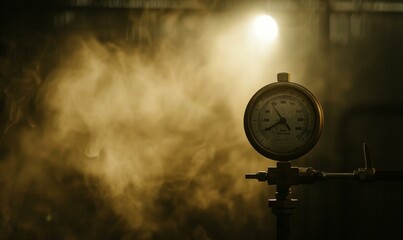 Close-up of an industrial pressure gauge with a bright light in the background. AI.