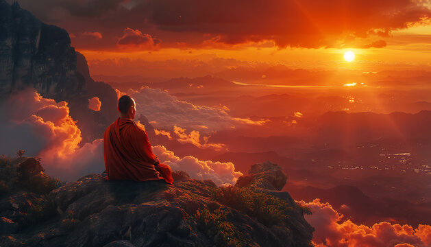 Recreation of buddhist monk in a hill staring the sunset	