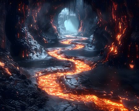 Fiery Underworld with Lava Breathing Dragons in Fantastical Volcanic Landscape