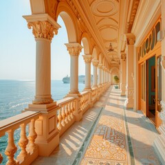 Fototapeta premium A sunlit balcony with a view of the ocean. AI.