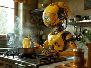 A robot is cooking pasta in a kitchen. AI.