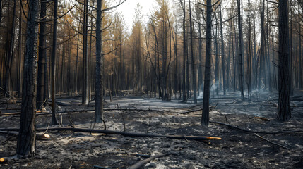 Une forêt avec de la fumée après un incendie. - obrazy, fototapety, plakaty