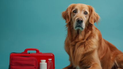 Golden Retriever With Red Medical Kit on Turquoise Background