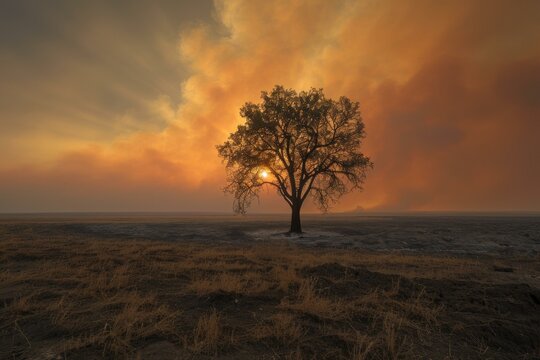 A lone tree stands in a field of burnt grass as the sun sets behind it. AI.