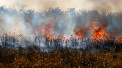 Un incendie de forêt avec des flammes ravageant des bruissons sec. 