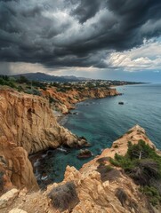 Fototapeta premium A rocky cliff overlooking a body of water with a storm approaching. AI.