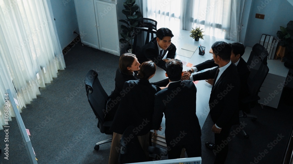 Poster top view of professional project manager present idea while putting hands together and clapping hand