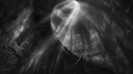 A dramatic black and white photograph of a spiraling staircase in a lighthouse, with a beam of light coming from the top.