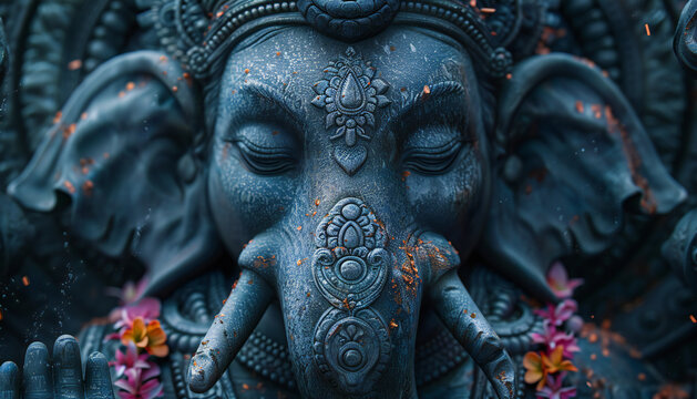 Recreation of close up of face of Ganesha deity hinduist figure with spiritual atmosphere around