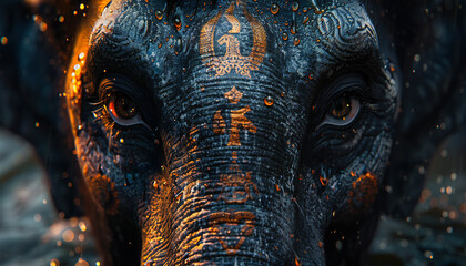 Close-up of a frontal elephant head with symbols as Ganesha hindu deity	