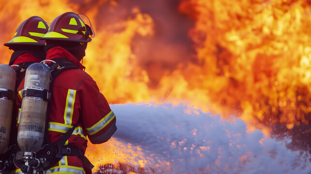 Des pompiers en train d'&eacute;teindre un feu de for&ecirc;t avec une lance &agrave; incendie. 