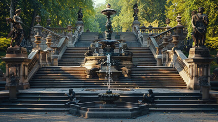 A grand stone staircase in a public park, with ornate statues on each landing and a fountain at the base.