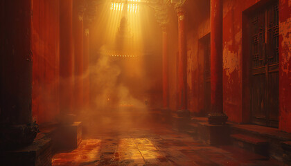 Naklejka premium Recreation of lights and fog inside an ancient buddhist temple