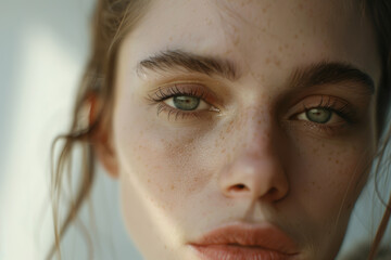 Intimate close-up of a young woman's face, her freckles and gaze telling untold stories.