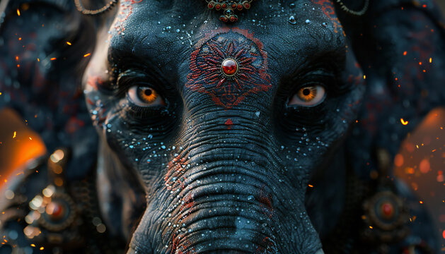 Recreation of frontal of elephant head with ornaments up as Ganesha hindu deity	