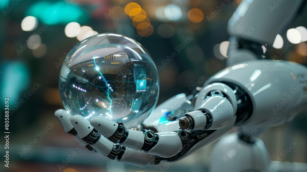 Poster advanced robotic hand gently holds a transparent sphere embodying artificial intelligence, against a