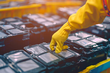A worker in yellow protective gloves inspects a collection of hard drives, ensuring quality and precision.