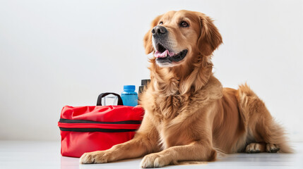 Adult Golden Retriever and First Aid Supplies