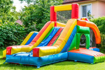 Colorful inflatable castle in a backyard, inviting playful adventures and joyous laughter.