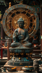 Obraz premium Recreation of Wheel of Dharma and a Buddha figure statue