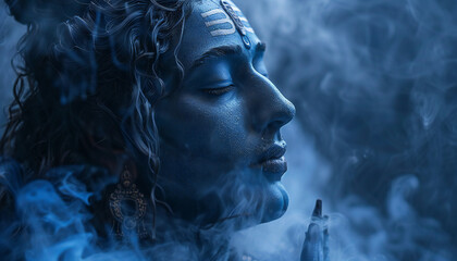 Recreation of Shiva deity hinduist with blue atmosphere around meditating