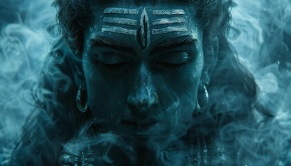 Recreation of Shiva deity hinduist with blue spiritual atmosphere around meditating	