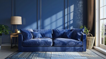Blue living room interior with cozy luxury sofa.