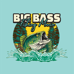 Vector Illustration of Bass Fish and Water Splash with Nature view with Vintage Illustration Available for Tshirt Design