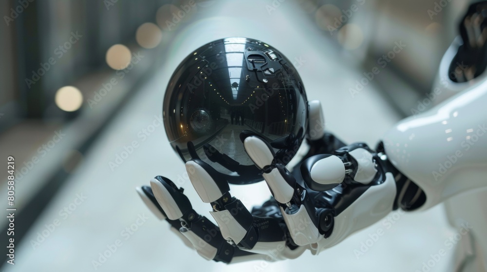 Poster closeup of futuristic robot hands gently holding a spherical artificial intelligence unit