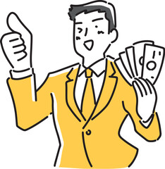 お金を持って笑顔になるビジネスマン