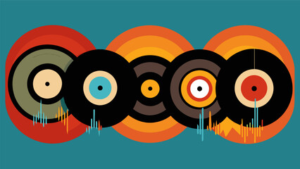 A stunning piece of wall art featuring a collage of several vinyl records each one displaying the sound waves of a different genre of music. Vector illustration