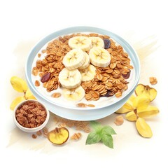 Fototapeta premium Banana Granola watercolor on white background, suitable for crafting and digital design projects