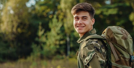 Obraz premium Smiling Soldier in Camouflage Uniform Outdoors