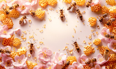 A group of bees are surrounded by flowers and honeycombs