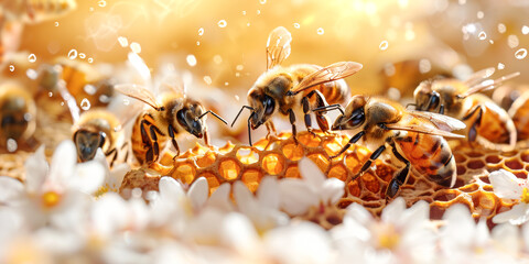 A group of bees are gathered around a flower, with some of them hovering over it