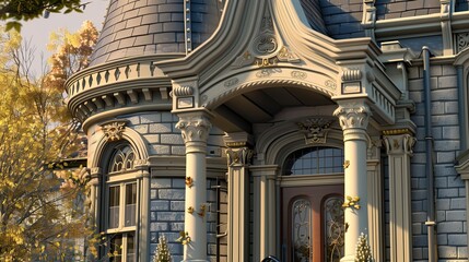 Queen Anne entrance with a turret and decorative trim