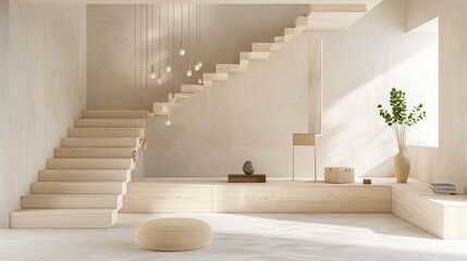 Scandinavian-inspired entrance with a floating staircase and blonde wood accents