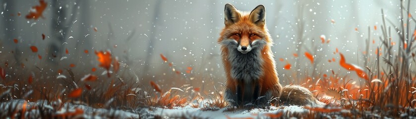 A cute fox in a winter scene, fluffed fur against snow