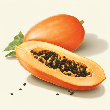 orange papaya fruit halves, seeds, leaves clip art preview