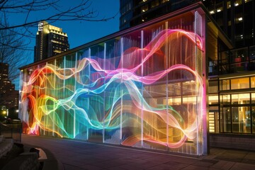 An LED light installation depicting colorful wave patterns projected onto a building at night