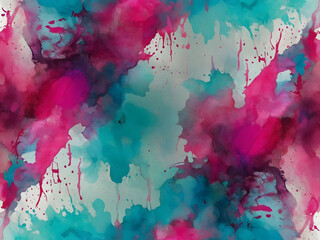 Fuchsia and Cyan Splotches, Watercolor Paint Abstract Border Frame for Design Layout.