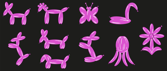 Animal Air Balloon vector Pink Doll Y2K icon Set. Collection cute Animal on black background. Isolated 3D Funky girl style illustration icon Set of Balloon Air for web Design.