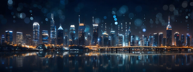 Future-Forward Cityscape, Immerse Yourself in the Bold Silhouette of a Smart City on a Dark Blue...