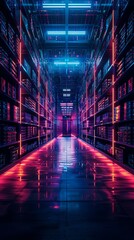 Fototapeta premium Automated warehouse, eyelevel, with digital product mapping, neon lines, cuttingedge graphics